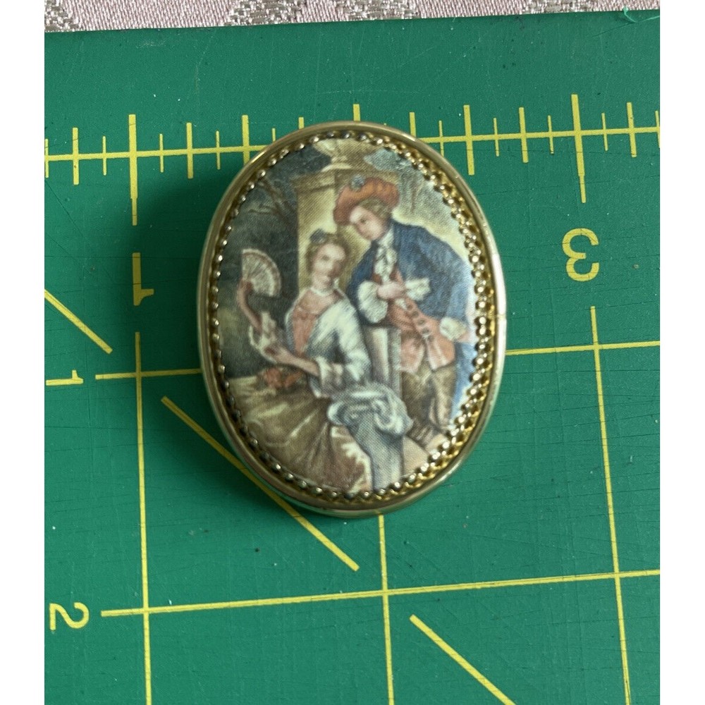 Whiting & Davis Hand Painted 18th Century Georgian Scene Gold Tone Brooch no sig